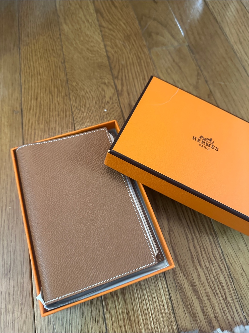 Hermès Gold/Tan Leather Passport Cover/ Agenda with White Stitching